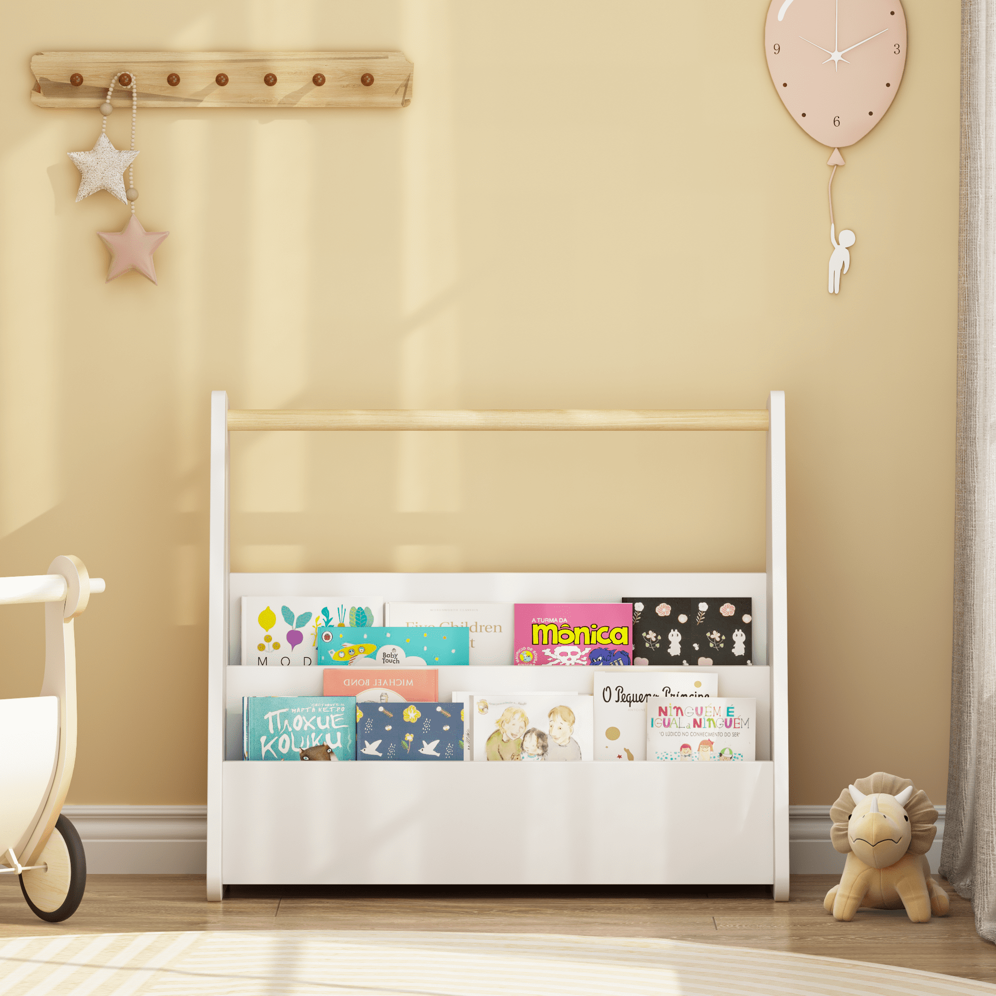 Kids Bookshelf with Wooden Handle, 2-Tier Front-Facing Toddler Bookcase, Portable Children's Book Storage Organizer for Bedroom, Playroom, Nursery, or Classroom, White