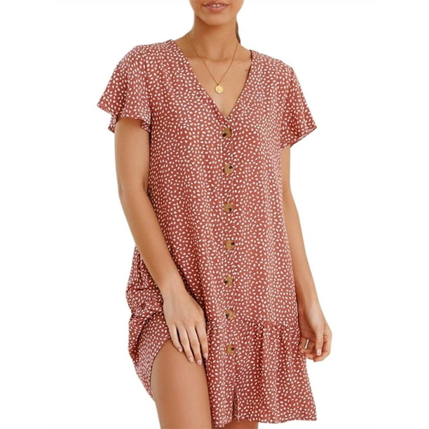 SySea - Summer V-neck Women Print Casual Buttons Dress - Walmart.com ...
