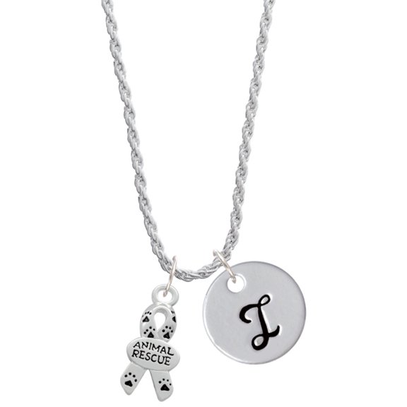 Delight Jewelry Silvertone Small Paw Print Ribbon ''Animal Rescue'' Silvertone Script Initial Disc - I - Charm Necklace, 20" 3"
