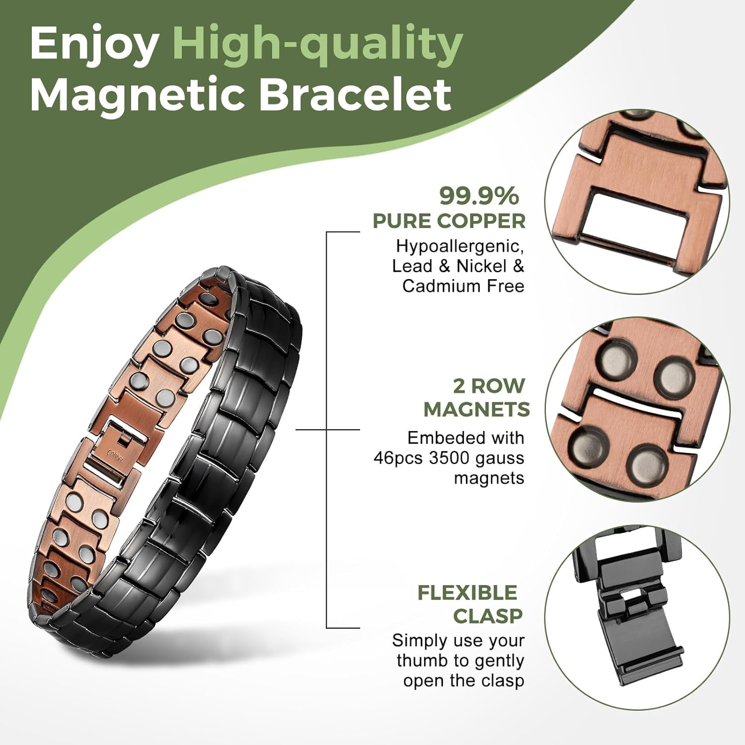 Wollet Copper Magnetic Bracelet for Men, 99.9% Pure Copper Jewelry Gifts, Set of 2