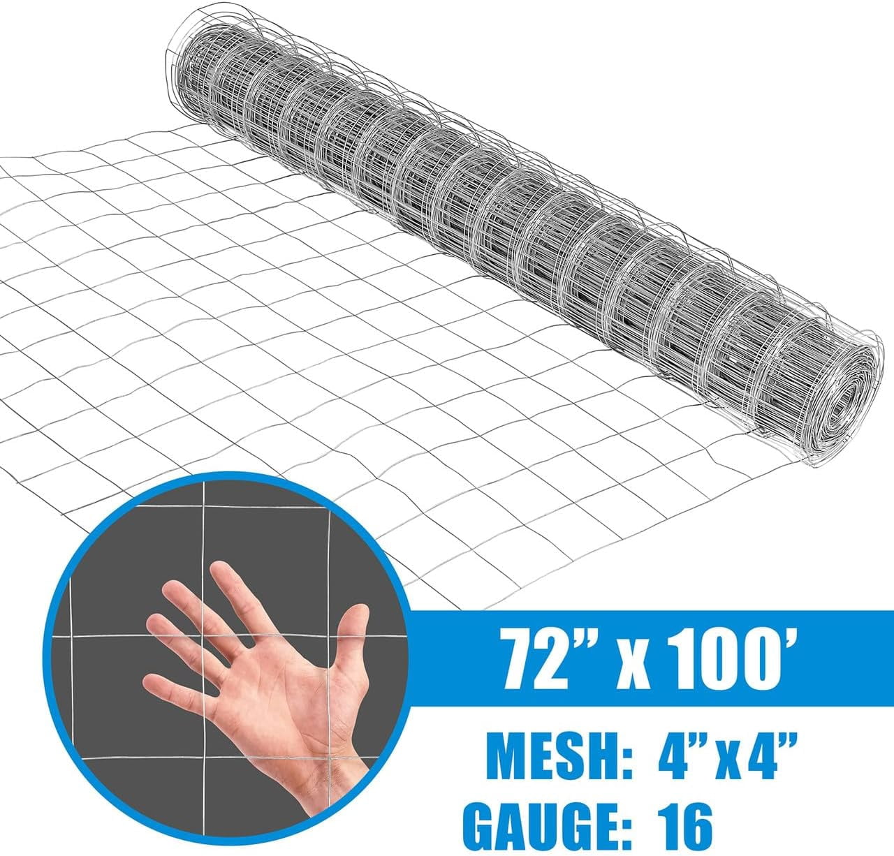 Fencer Wire 6 ft. x 100 ft. Galvanized Welded Wire Fence with 4" x 4" Square Opening, 16 Gauge Wire Mesh Fence Roll for Vegetables Garden Netting Chicken Coop Animal Enclosure