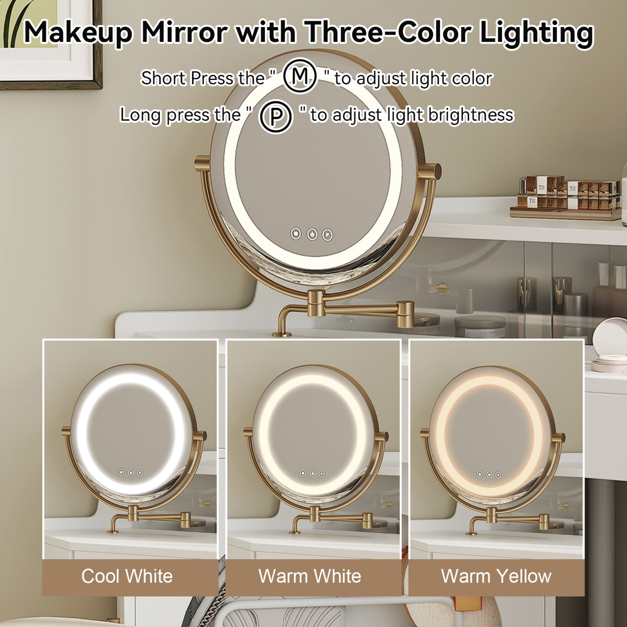 AENKYO Corner Makeup Vanity Desk with 360°Swivel LED Lighted Mirror, Movable Side Cabinet, Storage Drawers & Stool, White