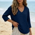 thumbnail image 4 of Oiangi Womens 3/4 Sleeve Blouses V Neck Textured Gauze Shirts Casual Summer Plain Tops Navy L, 4 of 5