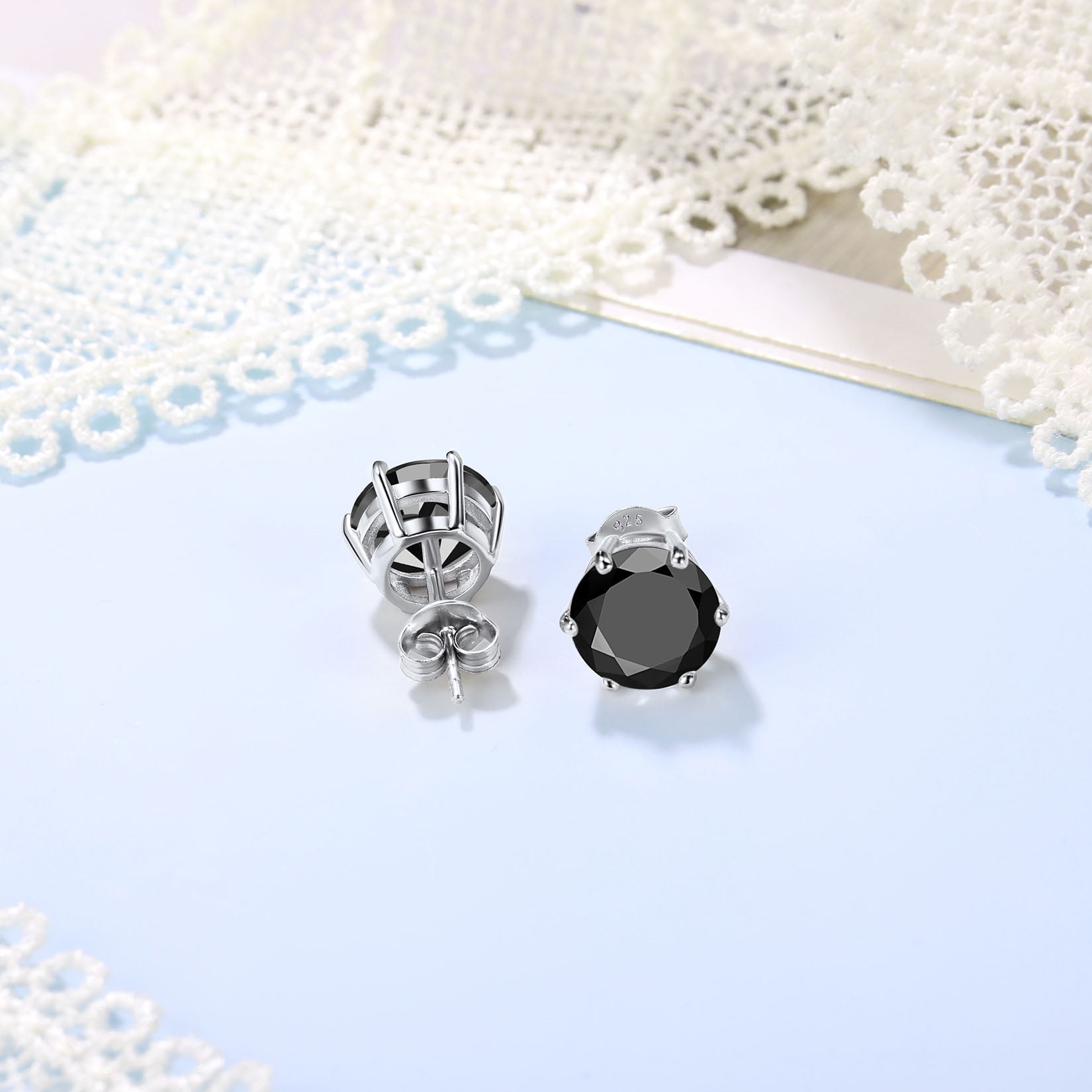 Suplight 925 Stelring Silver Simulated Diamond Black Cubic Zirconia Stud Earrings for Women Men 9mm