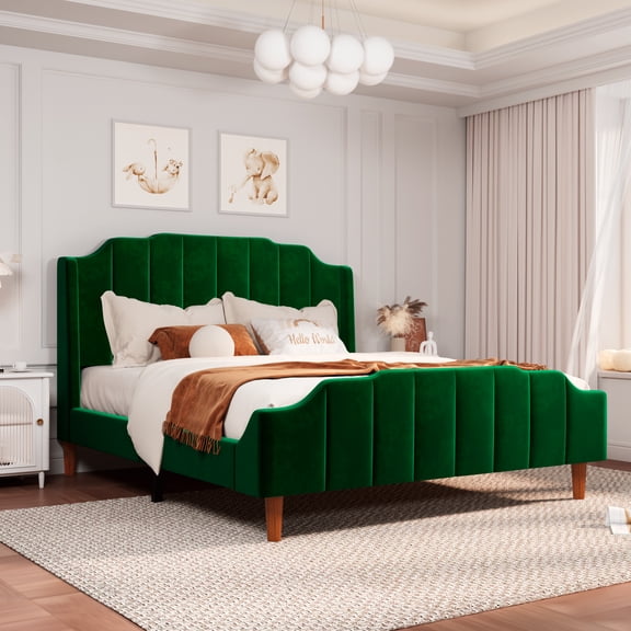Allewie Queen Size Velvet Platform Bed with Modern Curved Upholstered Headboard and Footboard, Green