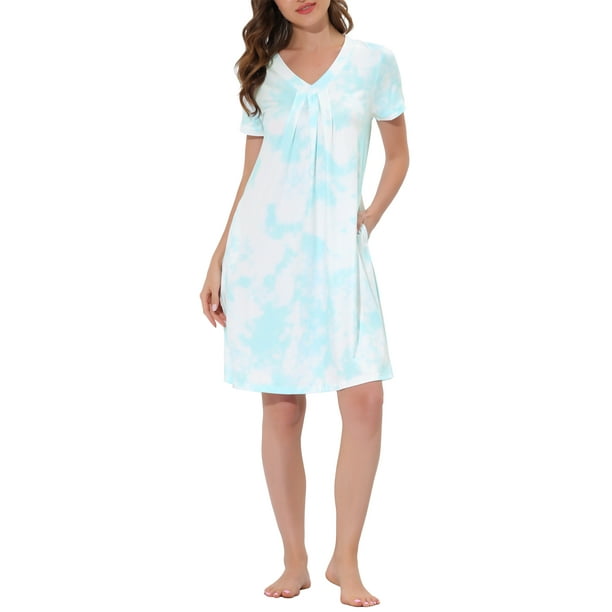 INSPIRE CHIC Camisón de Noche para Mujeres, Ropa de Dormir, Vestido de Lounge, Cuello en V, Manga Corta, Camisones XS, Tie Dye Azul