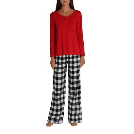 Woman Womens Flannel PJ Plus Size Pant Set with Cotton Crew Henley Button Down Pajama Shirt - Red with Black and White Buffalo Check - 2X