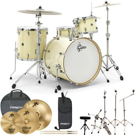 Gretsch Drums Jazz Catalina Club 4 Piece Drum Shell Pro Pack with Sabian Performer Cymbal Set, ChromaCast Hardware and ChromaCast Accessories, White Chocolate (Box 2 of 3)
