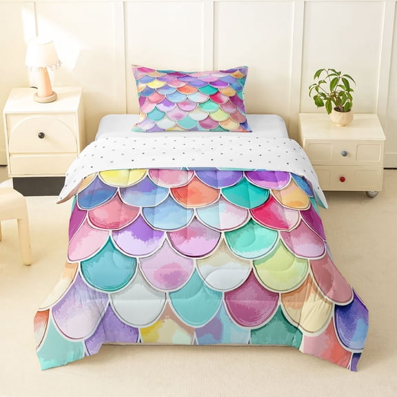 Homewish Watercolor Mermaid Scale Twin Comforter Sets,Multicolor Bedding Set,Reversible,2 Pieces,1 Comforter and 1 Pillowcase