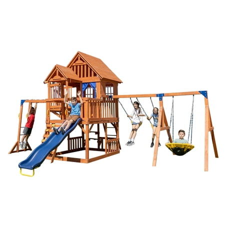 Grand Peak Wooden Swing Set with Monkey Bars  Saucer Swing and 8ft Slide