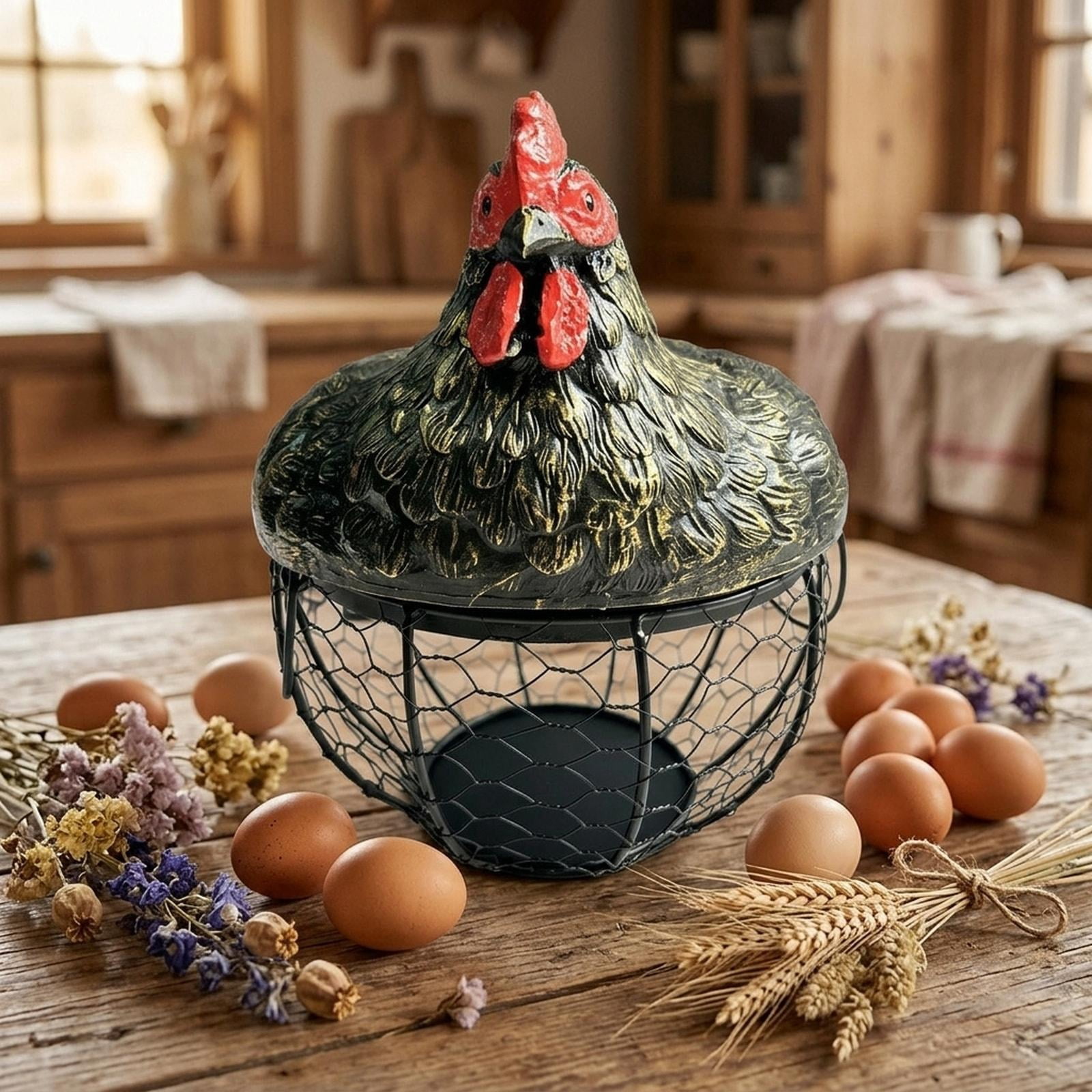 Fiocias Chicken Egg Basket Fresh Eggs Holder Large Capacity Round Decorative Egg Collecting Basket Container for Vegetable Countertop Gold