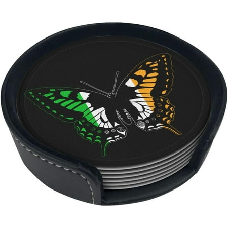 

Funny Coasters 6 Pcs Irish Flag Butterfly Leather Coasters with Holder Drink Coaster Round Cup Mat Pad