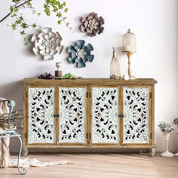 Modern Accent Buffet Cabinet - 4 Door Storage With Wood Doors. Distressed Look, For Living Room Decor Entryway. Painted Finish, Distressed, Stylish