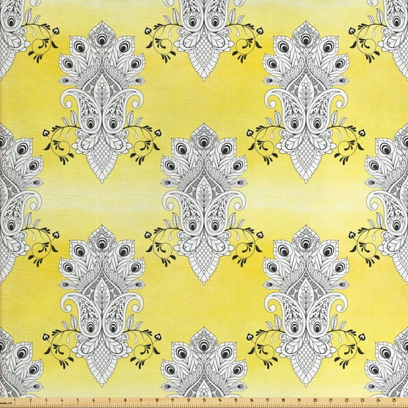 Ethnic Sofa Upholstery Fabric by the Yard, Oriental Flowers Motif on Watercolor Backdrop Abstract Floral Ornaments, Decorative Fabric for DIY and Home Accents, Pastel Yellow Dark Grey by Ambesonne