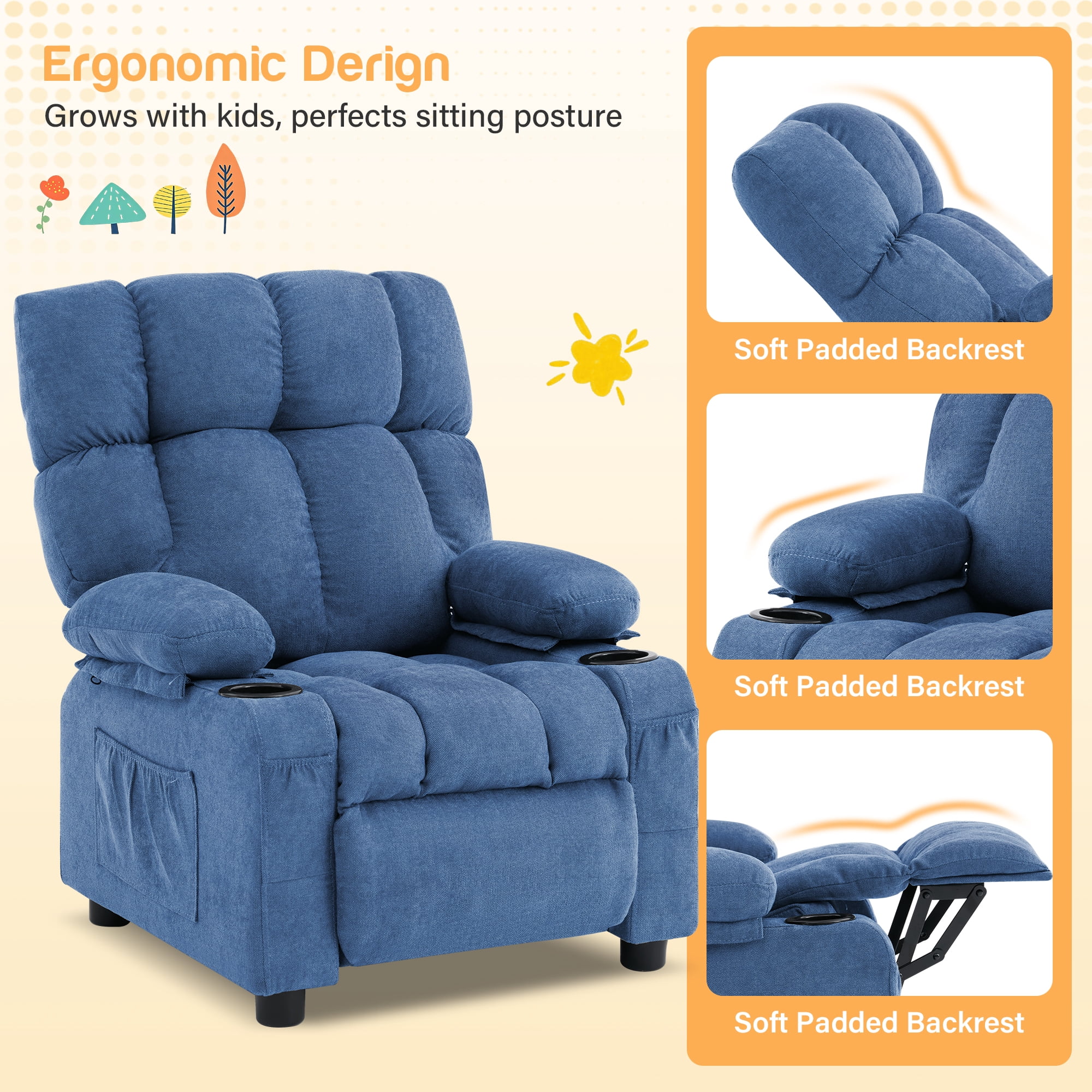 JONPONY Kids Recliner Chair,Push Back Toddler Recliner with Cup Holders & Side Pockets，Adjustable Footrest & Headrest Kids Sofa for Boys Girls 3+ Age Group，Children's Bedroom Furniture，Blue