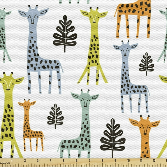 Cartoon Fabric by the Yard, Colorful Giraffe Doodle Zoo Safari Animals Exotic Tropic Branch Leaf, Upholstery Fabric for Dining Chairs Home Decor Accents, Lime Green Turquoise by Ambesonne