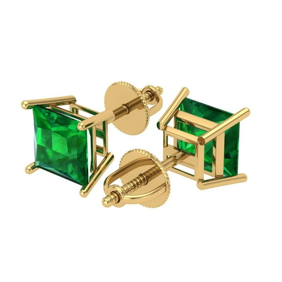 3 Ct Princess Cut Studs Green Emerald 14K Yellow Solid Solid Gold Everyday Dainty Earrings Screw Back