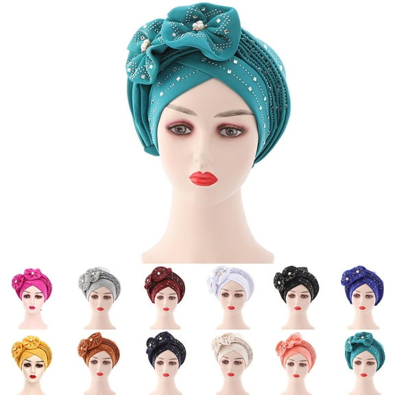 Dress Choice Women's Turban Hat Solid Color Flowers Pearl Trendy Head Wrap Baggy Slouchy Beanie Chemo Cap Headwear Hair Wrap for Daily Wear