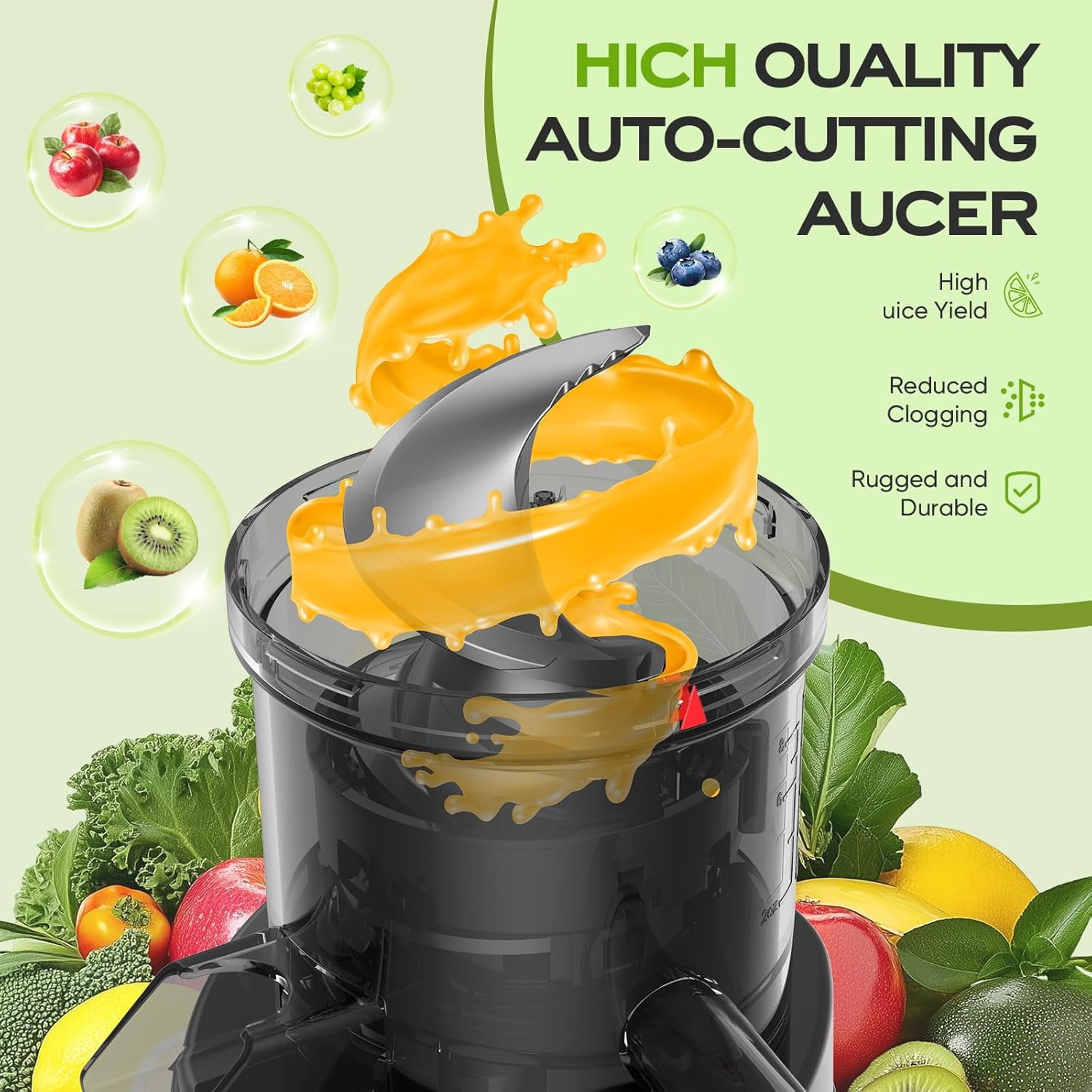 Cold Press Juicer  150W Slow Masticating with Wide Chute for Leafy Greens and Fruits Easy to Clean