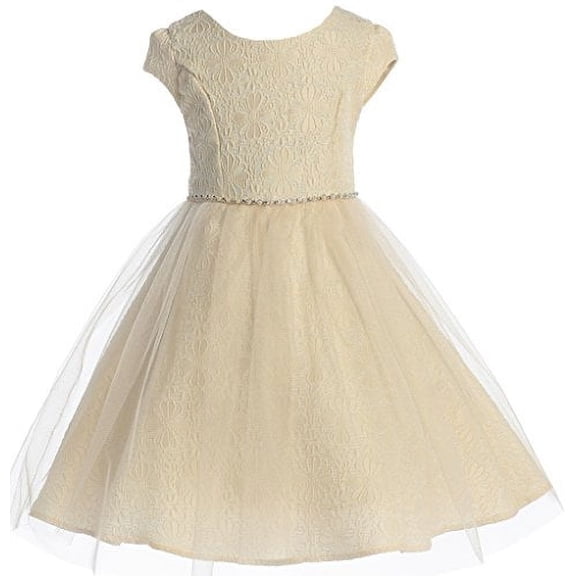 Flower Girl Dress Jacquard Fabric Dress with Hand Sew Belt for Little Girl Champagne 10 JKS.2064