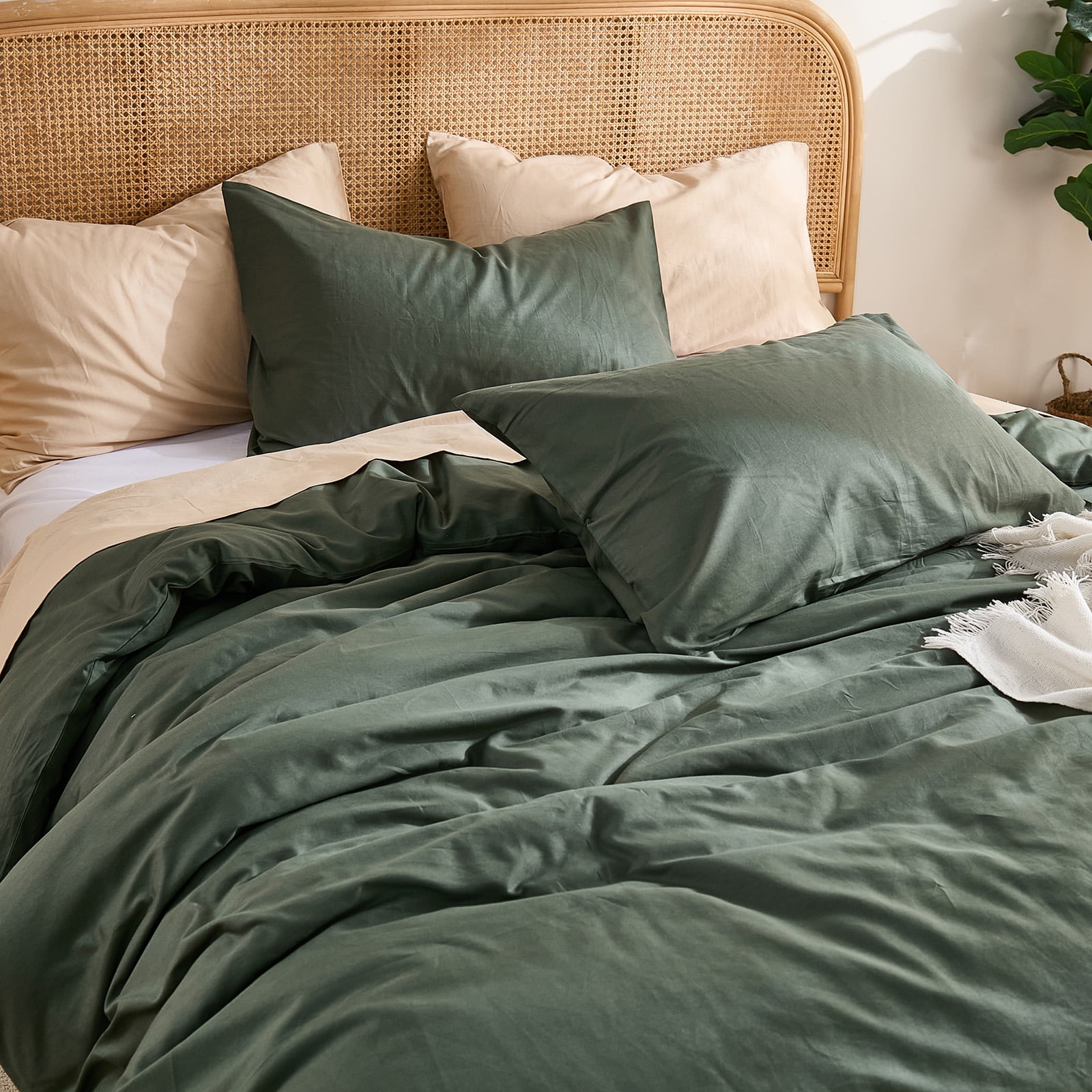 100% Washed Cotton Duvet Cover –Olive Green, Linen-Like Texture, Super Soft & Breathable Bedding Set, 3-Piece Durable Percale Comforter Cover