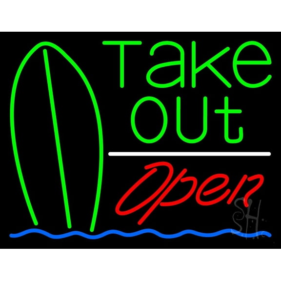 Green Take Out Bar Open LED Neon Sign 15 x 19 - inches, Clear Edge Cut Acrylic Backing, with Dimmer - Bright and Premium built indoor LED Neon Sign for Bar decor.
