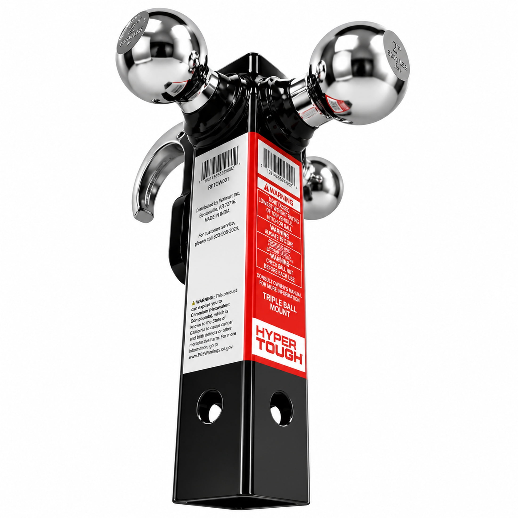 Hyper Tough Automotive Tri-Ball Mount with Hook, Steel, Class V, 1-7/8", 2" & 2-5/16" Hitch Ball, Black