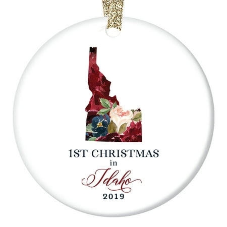 2019 Holiday Season Ceramic Tree Ornament First 1st Christmas in IDAHO U.S.A. Present for Friends Family Coworker Lovely Floral 3