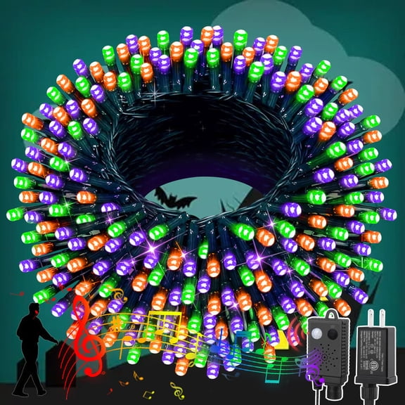 66ft Halloween Lights with Music Motion Sensor Controller,200 LED Fairy Starry String Light Plug in for Indoor Outdoor Xmas Tree Wedding Party Decoration (Purple Orange Green)