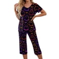thumbnail image 2 of Women Halloween Pajamas Set Print Halloween Pj Set 2-Piece Outfit Short Sleeve Top and 7/8 Pants for Parties, Daily Wear Purple XL, 2 of 5