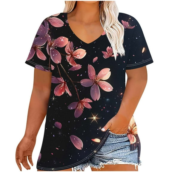 Women's Plus Size Shirts Casual Blouses Top V-Neck Fashion Floral Print Short Sleeve T-shirt Summer Loose Breathable Oversized Pullover Tops Print 03 5XL