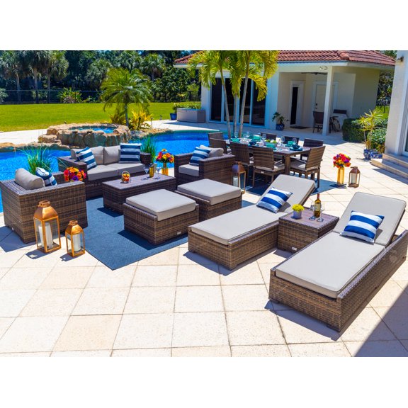 Sorrento 18-Piece Resin Wicker Outdoor Patio Furniture Combination Set in Brown w/ Loveseat Set, Eight-seat Dining Set, and Chaise Lounge Set (Flat-Weave Brown Wicker, Polyester Light Gray)