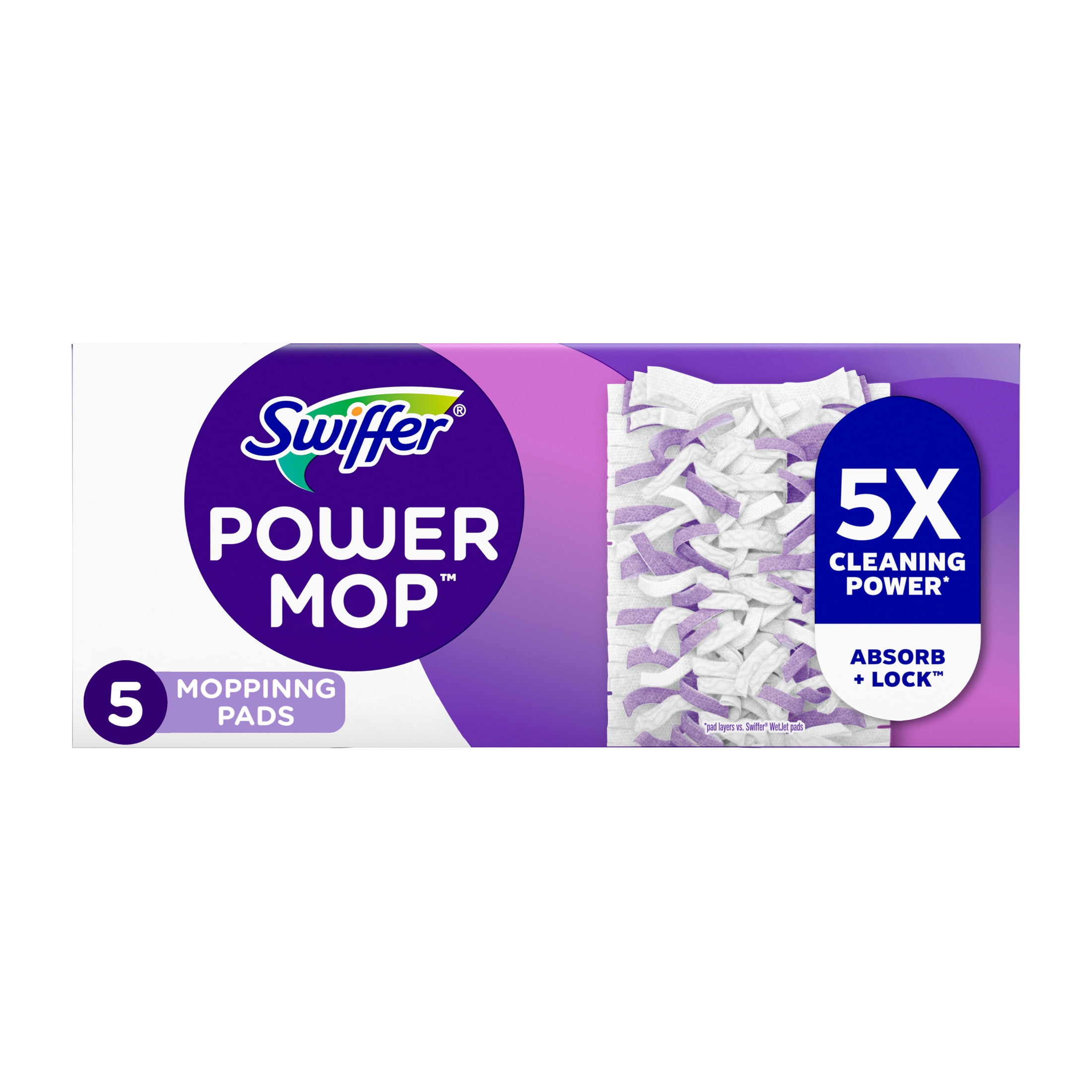 Swiffer Power Mop Refill Pack, Tile, Laminate, Wood, Floor Cleaner, 5 Pads + 1 Gain Solution