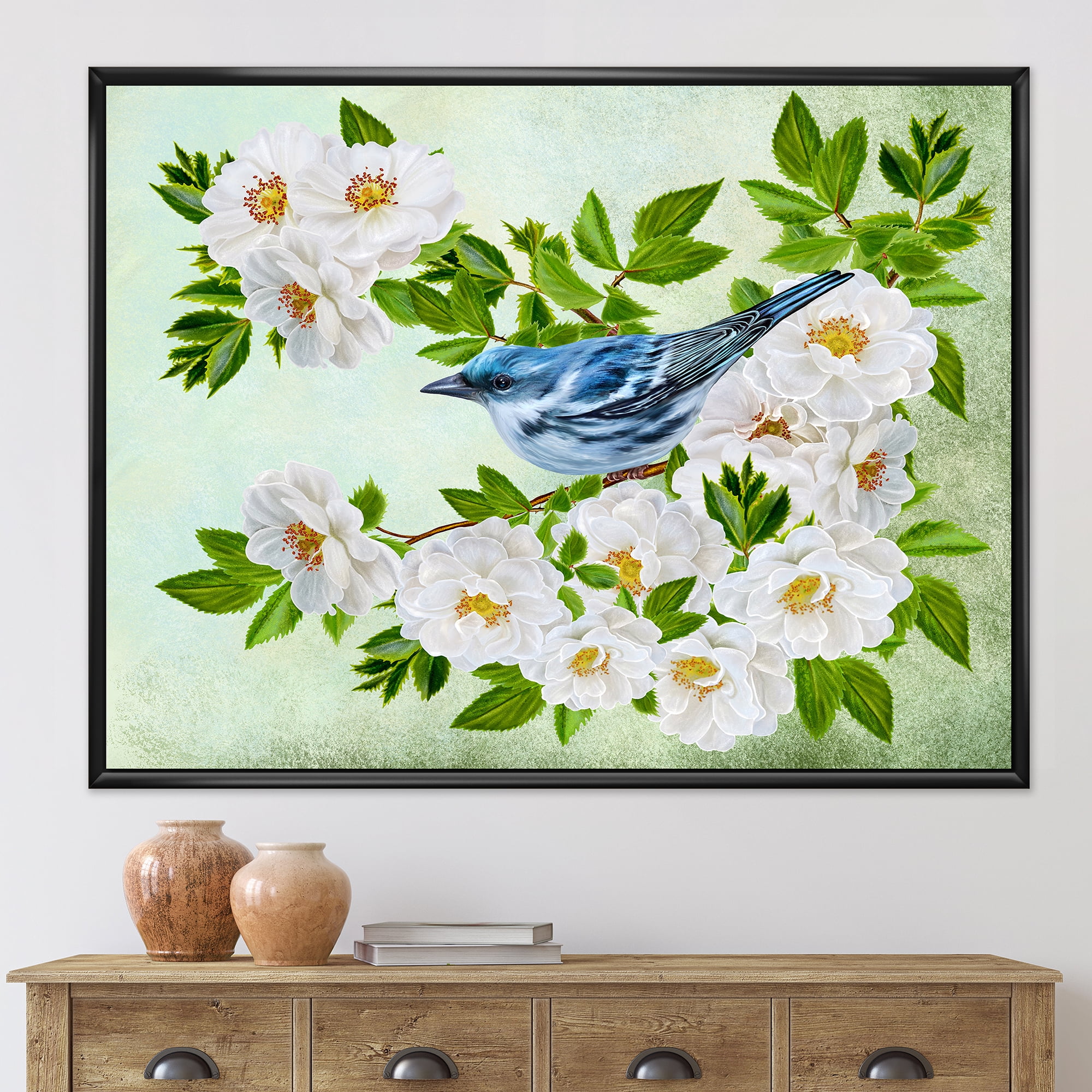 Designart 'Little Blue Bird Sitting On A Branch of White Rose Plant' Traditional Framed Canvas Wall Art Print