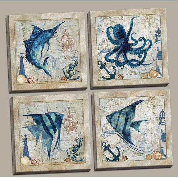 Classic Nautical Octopus, Swordfish, & Tropical Fishes, Four 12 by 12-Inch Canvases; Ready to hang! Brown/Blue