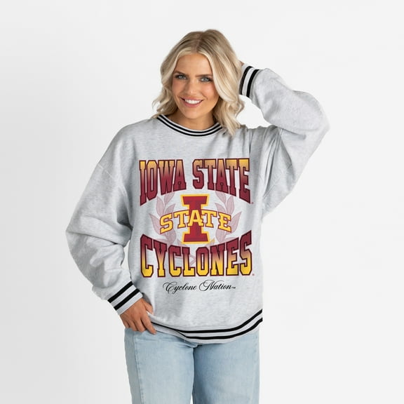 Women's Gameday Couture Ash Iowa State Cyclones Oversized Fade Route Ringer Stripe Sweatshirt