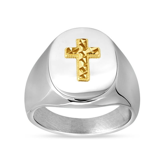 14K Gold Diamond Cut Cross Accent on Stainless Steel Oval Signet Ring Size 8, Religious Men's Ring Jewelry