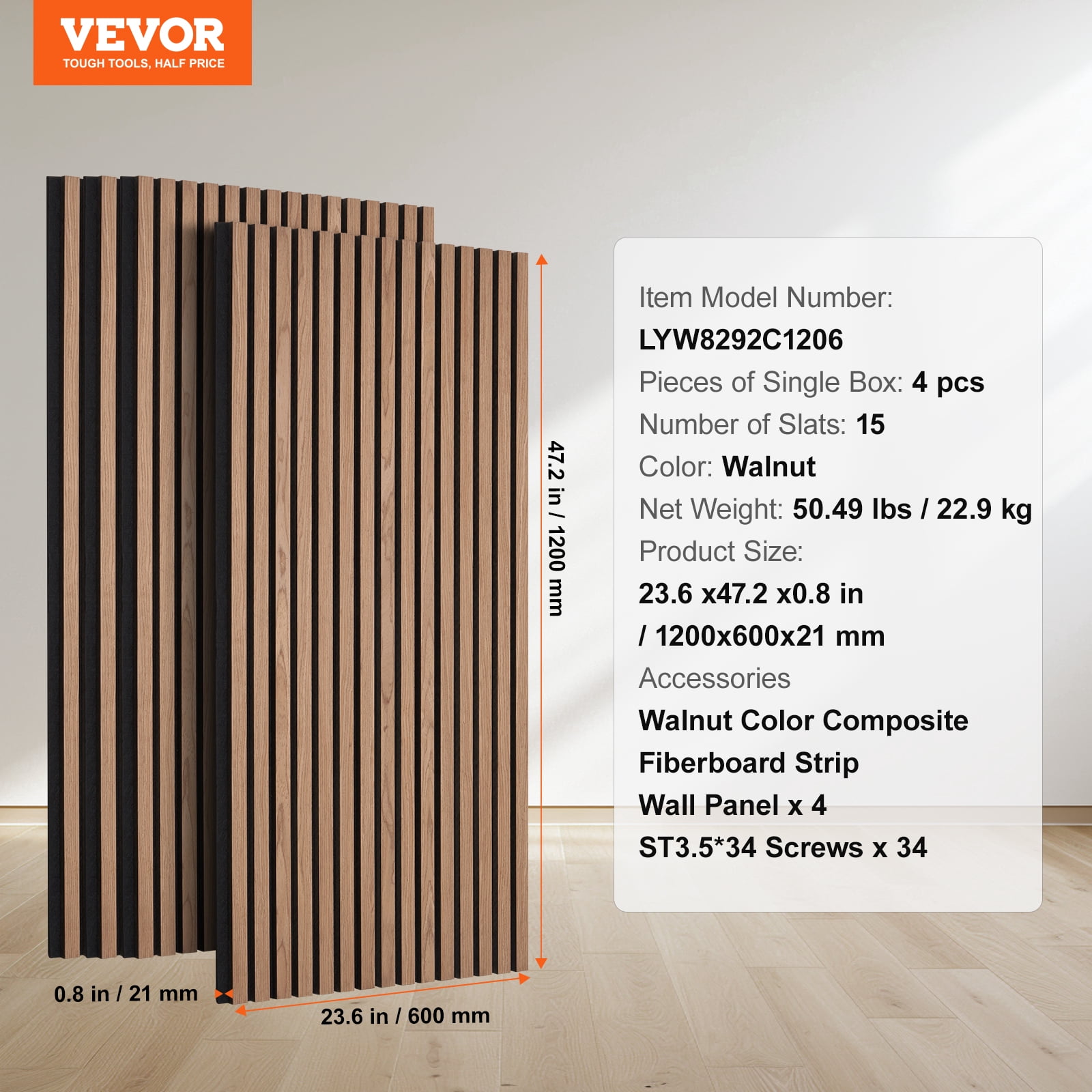 VEVOR Wood Slat Acoustic Panels, 23.6 x 47.2 inch, MDF Accent Wooden Wall Panels for Modern Interior Wall, Faux Wood Wall Board Panels for Stylish Decor and Noise Reduction, Walnut