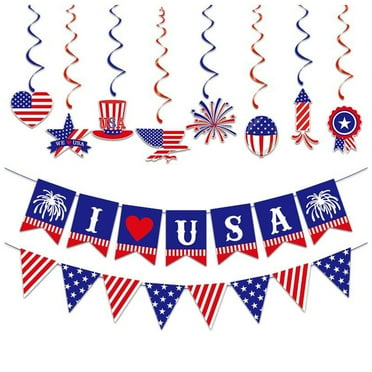Mozhitti 4th of July Birthday Decorations, NO DIY Red White and Blue Happy Birthday Banner Triangle Flag Garland Patriotic Party Decor
