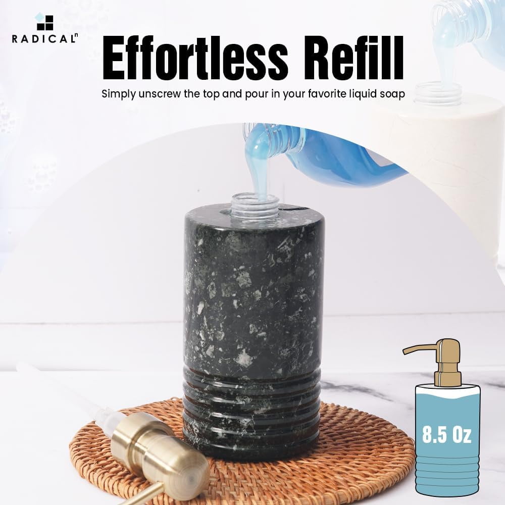 Radicaln Marble Soap Dispenser 7.5 inch Black Onyx Hand Soap, Lotion, Foaming Shampoo and Conditioner Container for Bathroom Decor and Accessories - Liquid Dish Soap Dispenser for Kitchen Sink