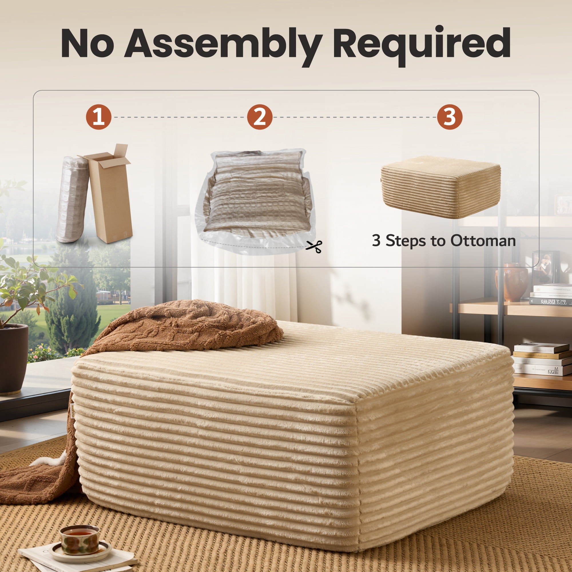 Ovios Oversized Ottoman Footrest for Sofa Large Plush Corduroy Pouf Ottoman Coffee Table Rectangle Floor Bench Extra Seating for Living Room, No Assembly, Beige