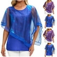 thumbnail image 4 of Lovskoo Summer Tops for Women 2024 Flowy Shirt Double-Layered Printed Mesh Poncho Loose Tunic Blouse Top Purple L, 4 of 4