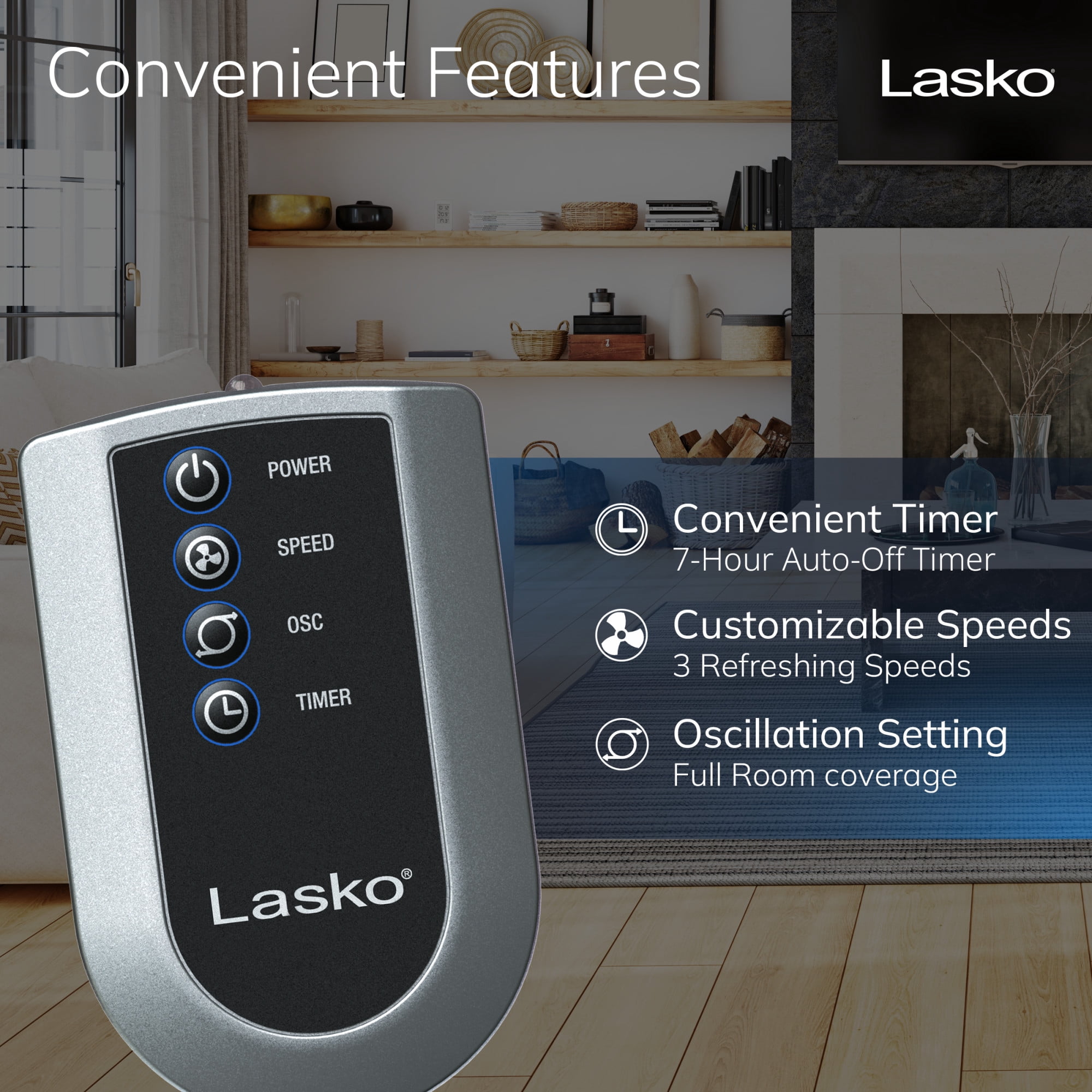 Lasko 36" 3-Speed Oscillating Tower Fan with Night Mode and Remote Control, Black, T36205