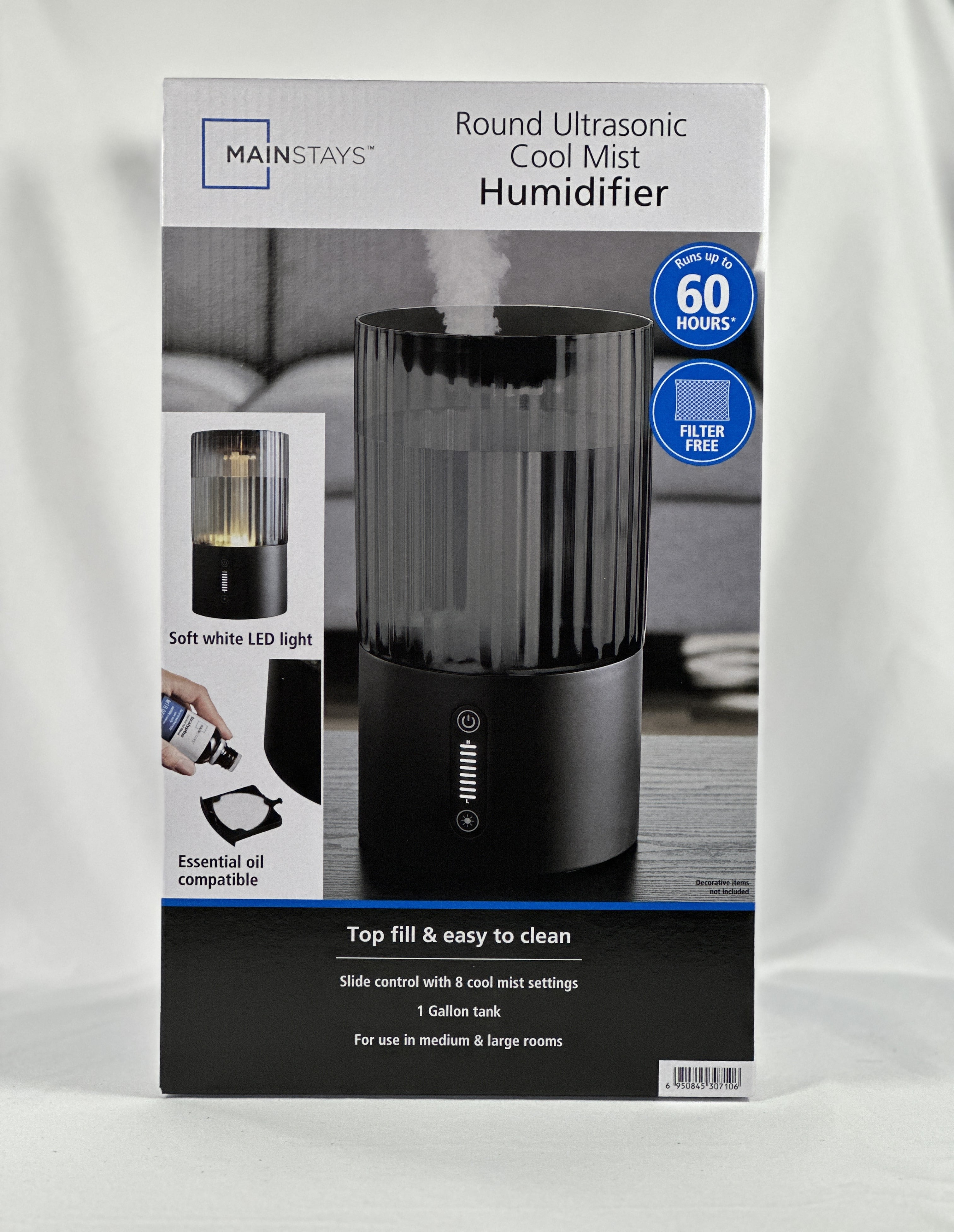 Mainstays Round Ultrasonic Cool Mist Top Fill Humidifier with Aroma, Black