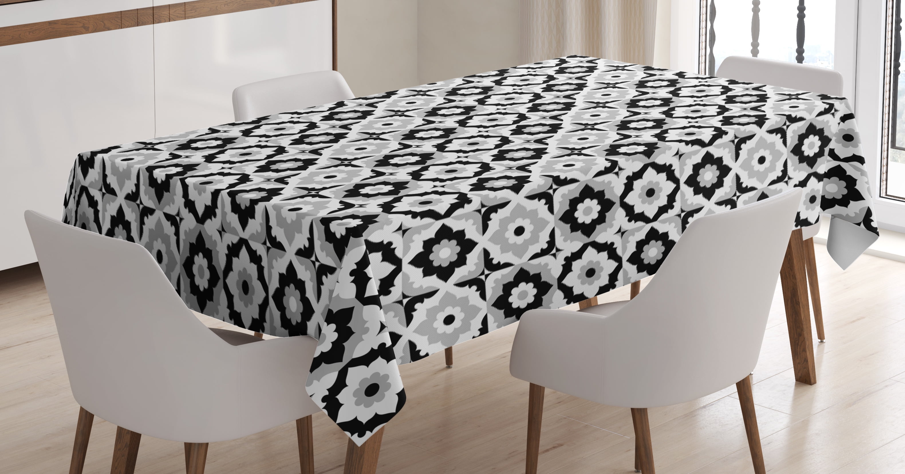 Quatrefoil Tablecloth, Black and White Ceramic Tile Design with Floral