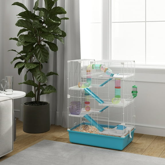 PawHut 32" Hamster Cage, 6 Tier Small Animal Cage with Tubes and Tunnels, Hut, Wheel, Food Dish, Water Bottle, Ramps, for Dwarf & Gerbil, Light Blue