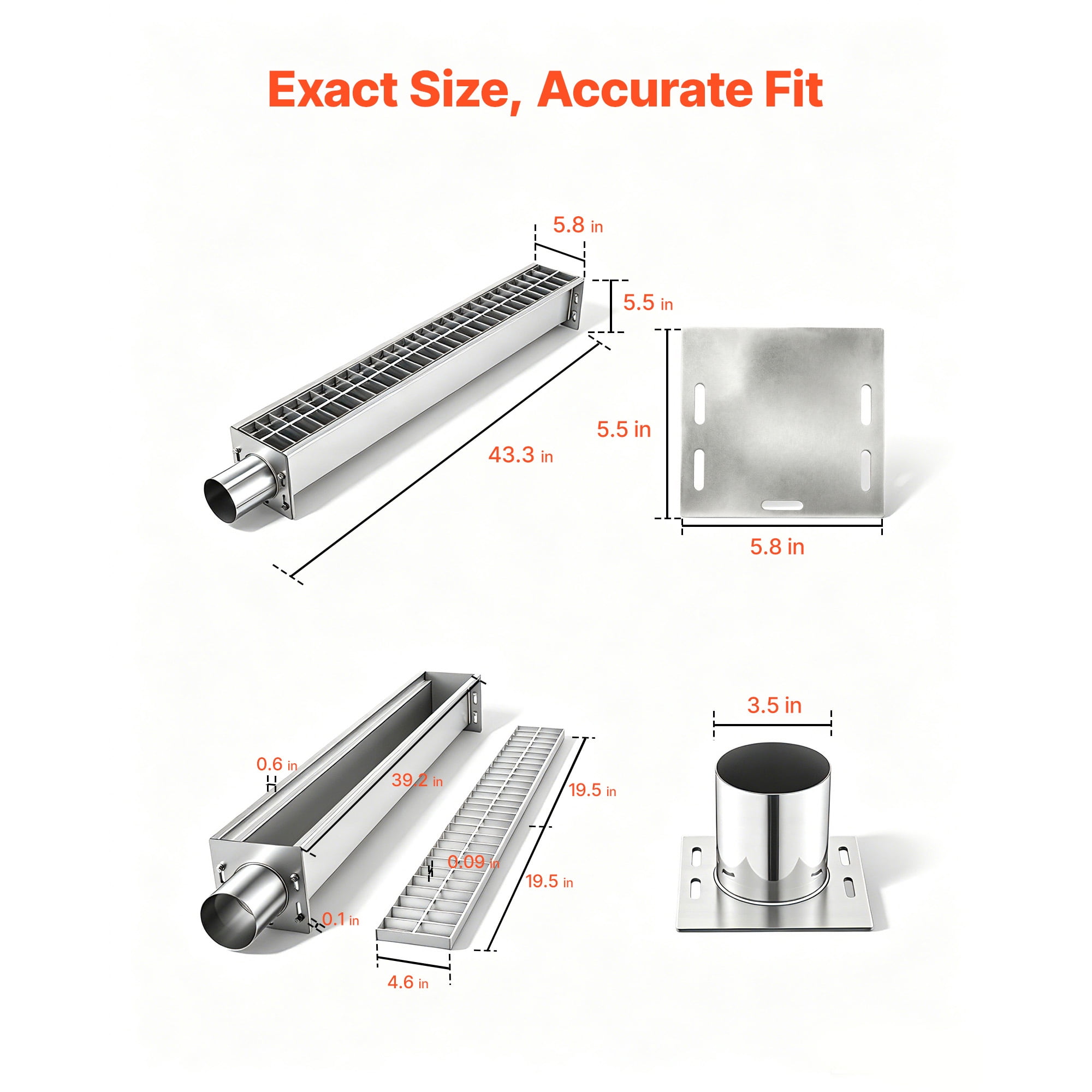 KFFKFF Trench Drain, 43.3 x 5.8 x 5.5 in, Linear Drainage Channel with Carbon Steel Grate, 304 Stainless Steel Channel, Durable Outdoor Drainage Solution for Driveway, Patio, Pool, Garden, Silver