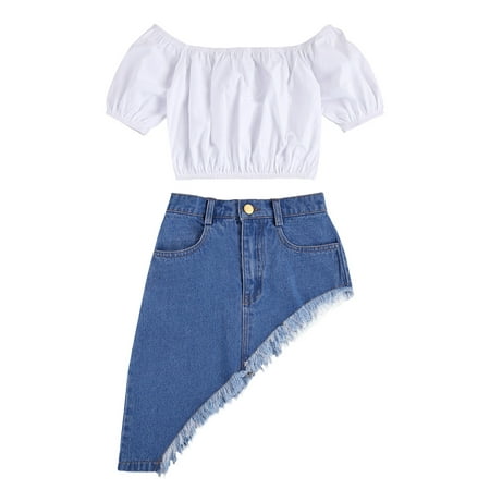 

Farrubbyine8 Toddler Baby Girls Summer Outfits Crop Top Irregular Denim Skirts