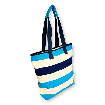 Blue Stripe Tote Bag - 101 BEACH Zipper Top Eco Friendly Cotton Stripe Beach Tote Bag - Custom Personalization Available (Blue- Natural - Navy)