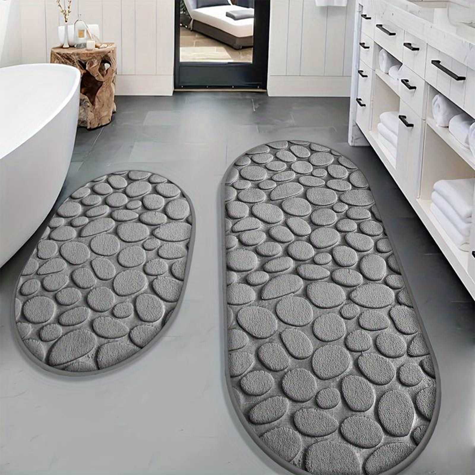 Cobblestone Pattern Rugs Set 2 Piece, Memory Foam Water Absorbent Bath Mats, for Bathroom, Sink, Toilet and Floor (15.7x23.6in+15.7x47.2in, Gray)